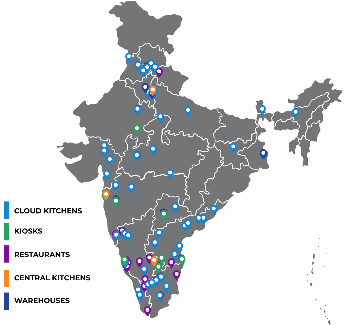 Cloud kitchens, kiosks and restaurants across India.